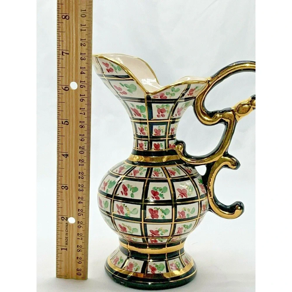 Vintage H Bequet #317 Hand Painted Belgium Pitcher Vase  Pink Floral Gold Black